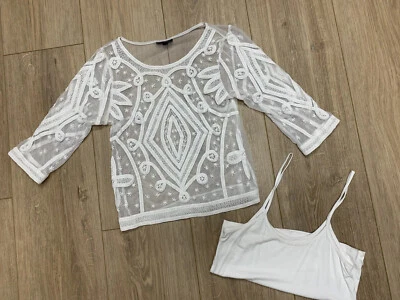 TOPSHOP SHIRT NORDSTROM SZ 4 SHEER 2 PC CAMISOLE EMBROIDERED WHITE - Image 1 of 4
