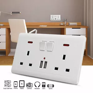 Double Wall Plug Socket 2 Gang 13A w/ 2 Charger USB Ports Outlets Flat Plate UK - Picture 1 of 10