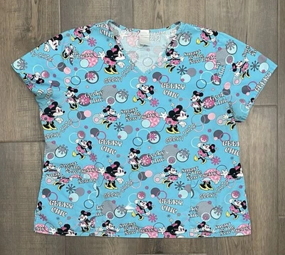 Disney Minnie Mouse Geeky Chic All Over Print Scrub Top Blue Women’s - Size 2X - Image 1 of 4