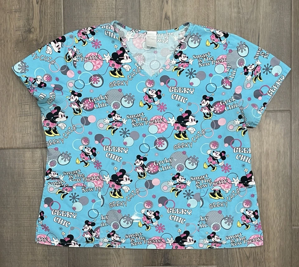 Disney Minnie Mouse Geeky Chic All Over Print Scrub Top Blue Women’s - Size 2X - Image 1 of 4