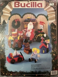 "SANTA'S WORKBENCH" Set of 12 - Vtg Plastic Canvas Needlepoint Kit BUCILLA - Picture 1 of 2