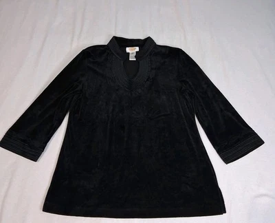 Talbots Sz S Black Velvet Long Sleeve Cotton Blend Stretch Notched V-Neck Tunic - Image 1 of 4