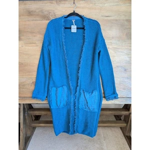 Free People Longline Cardigan Womens Small Blue Knit Frayed Trim Open Front - Picture 1 of 4