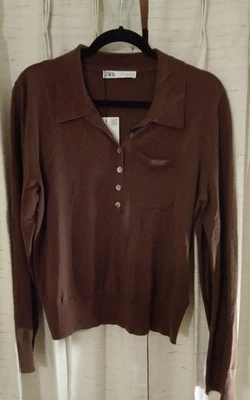 Zara мужской длинным рукавом кнопка карман спереди Slim Fit свитер коричневый большой новый с Ярлыками - Изображение 1 из 4