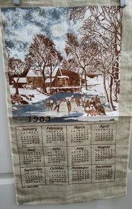Vtg 1983 Linen Calendar Towel Winter Scene Ice Skating Frozen Pond Sledding Mill - Picture 1 of 22