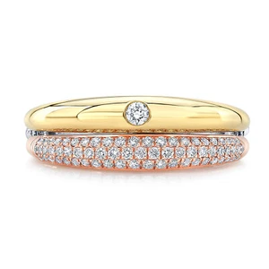 14K Tri Color Gold Diamond Solitaire Ring Pave Set Band 2 PC set 0.28 CT Round - Picture 1 of 3