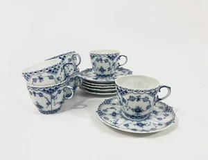 6x Royal Copenhagen Blue Fluted Full Lace 1035 Coffee Cups & Saucers Set - Picture 1 of 18