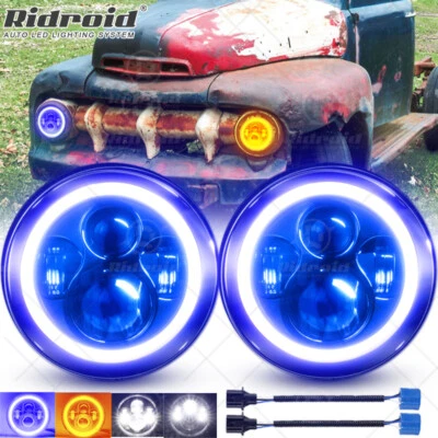 Faros LED redondos de 7 pulgadas azul halo DRL intermitente para camioneta Ford F1 F2 F3 Foto 1 de 4