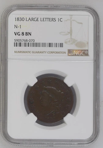 1830 LARGE LETTERS N-1  NGC VG8BN Coronet head large cent Cover