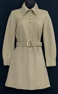 Vintage 1970s drab green mini dress long sleeve taupe neutral rivets fall winter - Picture 1 of 7