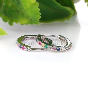 Rainbow Sapphire Huggies 14K Solid White Gold Small Hoop Earrings Gift for Her - Picture 1 of 7