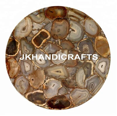 19" Round Natural Agate Coffee Table Top Gemstones Inlay Christmas Decorative   - Image 1 of 2