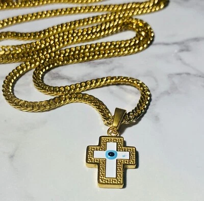 Collar Colgante Cruz Acabado Dorado con Detalle de Mal de Ojo Joyería Única Declaración Foto 1 de 4
