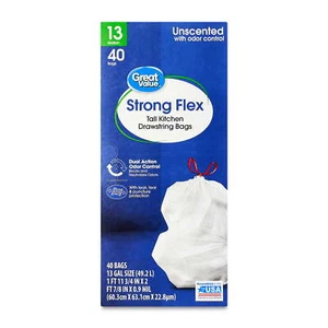 Strong Flex Tall Kitchen Drawstring Bags, Unscented, 13 Gallon, 40 Count - Picture 1 of 10