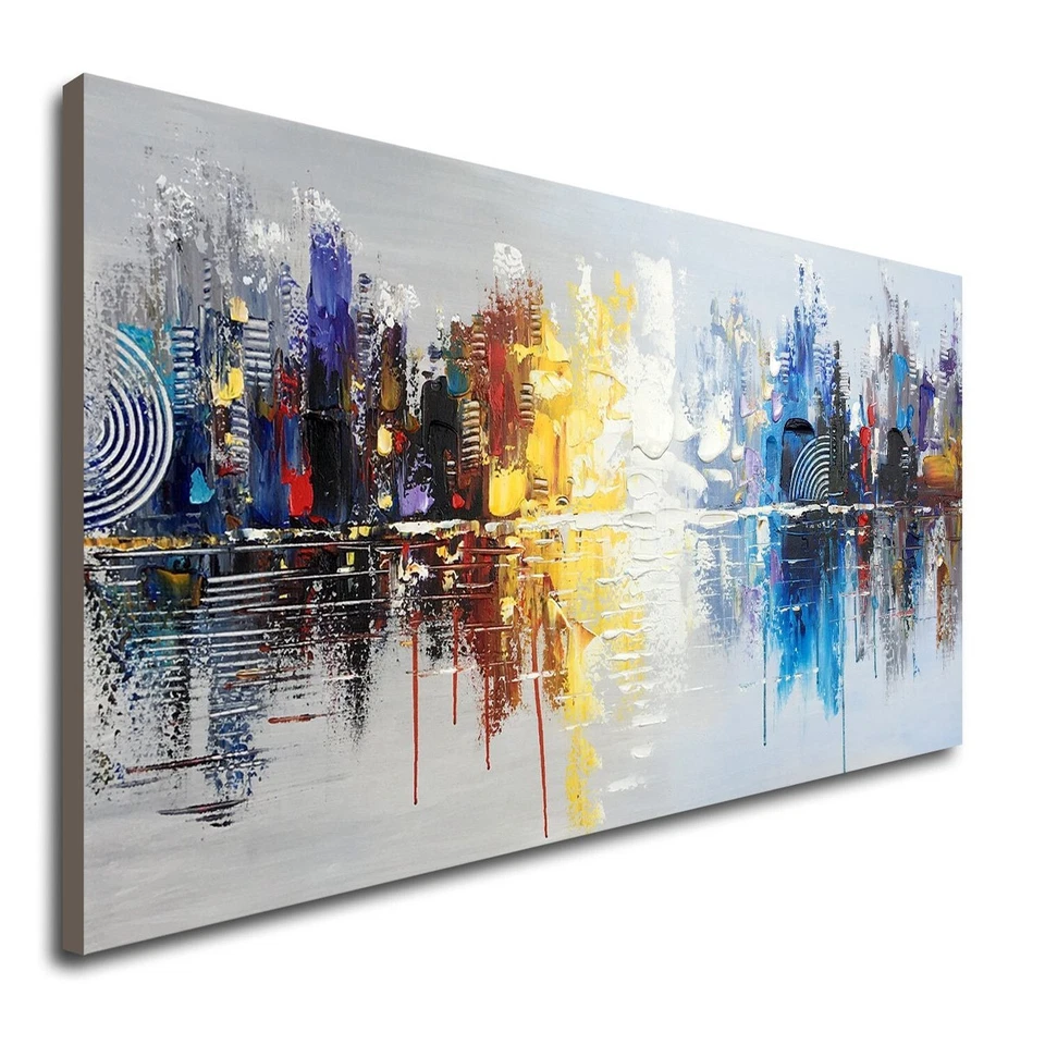 Hand Painted Cityscape Modern Oil Painting on Canvas Reflection Abstract Wall 48