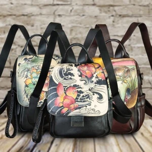 Genuine Leather Backpack for Women Hand Painted Leather Knapsack Rucksack Purses - Picture 1 of 18