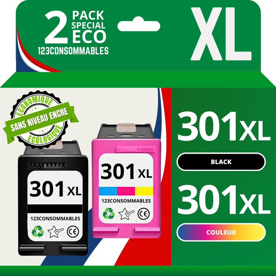 123CONSOMMABLES Pack 2 cartouches compatible avec HP 301 XL noir et couleur - SANS NIVEAU ENCRE