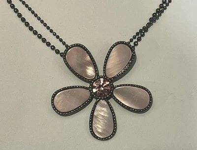 Lia Sophia "Urban Dreams" Pink Flower Necklace Pendant Mother of Pearl Hematite - Image 1 of 4