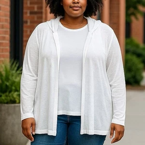Tahari Linen Hooded Cardigan Sz 2X White Semi Sheer Coastal Resortwear Vacation - Picture 1 of 13