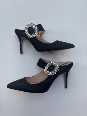 J Crew Elsie Mary Jane 水晶扣高跟鞋 7.5 黑色缎面鞋尖头高跟鞋 — 第 1/4 张图片