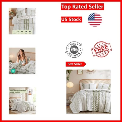 Elegante Juego de Edredón Boho King - 100% Algodón con Fundas a Juego en Verde Salvia Foto 1 de 4