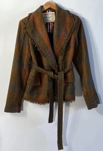 Women’s Anthropologie Cartonnier Plaid Wrap Blazer Sz 10 Fringe Tweed Pockets EC - Picture 1 of 16