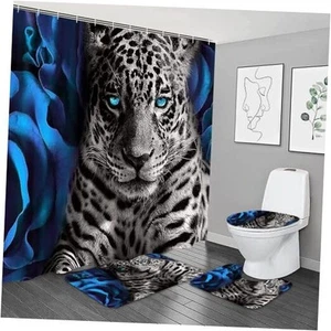 4PCS Shower Curtain Set with Non-Slip Rugs,Toilet Lid Blue Rose and Leopard - Picture 1 of 7