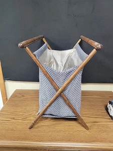 Vtg Folding Sewing Knitting Crochet Yarn Basket Caddy Wood Frame Fabric Lined - Picture 1 of 5