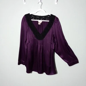 Max Studio Top size 2X 22, 100% Silk Purple Blouse Black Lace Pleated Party VGUC - Picture 1 of 13