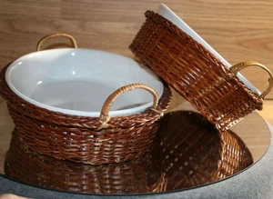 Glazed Stoneware Oval White 8" & 10" Casseroles Oven Dish Wicker Basket Set Of 2 - Picture 1 of 12