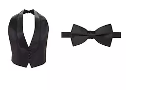 New Mens Black Satin Tuxedo Vest Bow Tie Adj. Low Cut XXL Big Tall 50 - 60 Coat - Picture 1 of 3