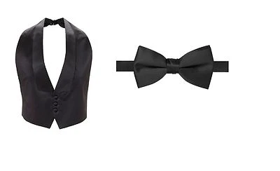 New Mens Black Satin Tuxedo Vest Bow Tie Adj. Low Cut XXL Big Tall 50 - 60 Coat  - Image 1 of 3