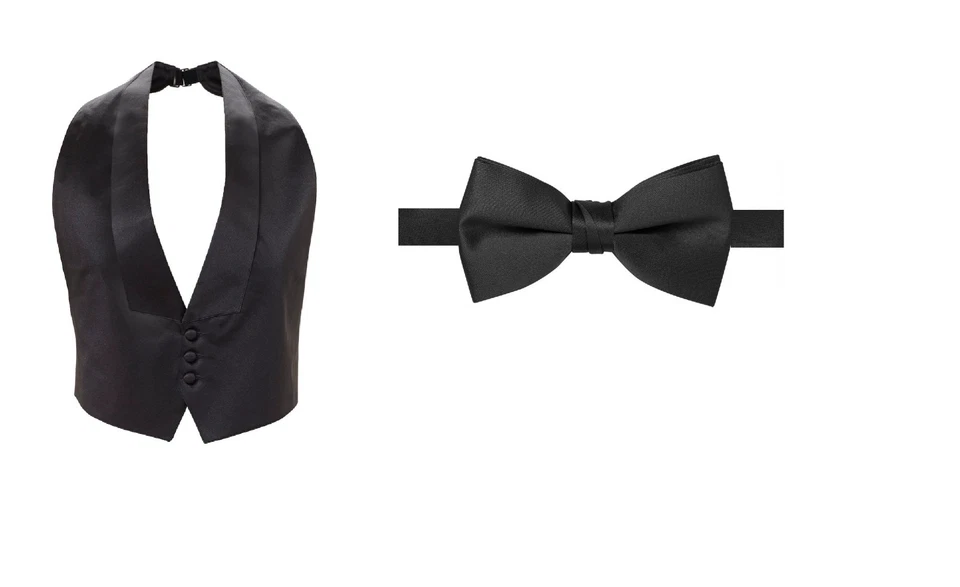 New Mens Black Satin Tuxedo Vest Bow Tie Adj. Low Cut XXL Big Tall 50 - 60 Coat  - Image 1 of 3