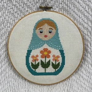 Baboushka Russian Nesting Doll 7 x 6.5” Completed Cross Stitch Needlepoint Round - Picture 1 of 12