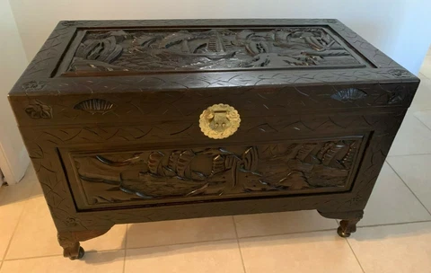 Vintage Carved Chinese Camphor wood trunk chest dark brown Cover
