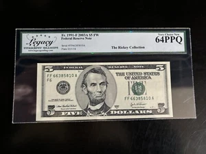 DBR 2003-A $5 FRN Atlanta Fr. 1991-F Legacy 64 PPQ Serial FF66385810A - Picture 1 of 2