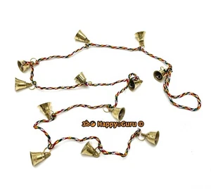 "Brass Bells" 12 Small Brass Bells 1.5cm on 100cm String Ornamental Low Sound - Picture 1 of 3