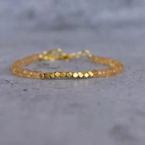 Golden Pyrite & Citrine 2 Multi Faceted Rondelle Gemstone Beaded Bracelet 6-8" - Picture 1 of 9