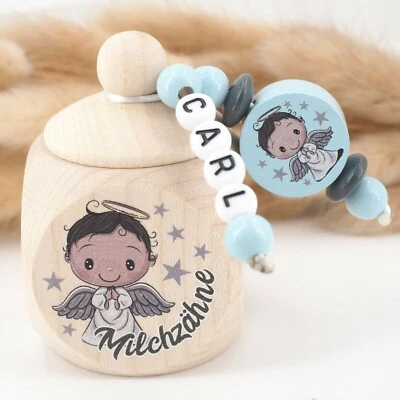 MOTZISBUNTEWELT Milchzahndose mit Namen ❤ Engel blau Zahnfee Geschenk Jungen Geburtstag