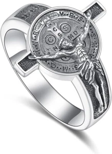 Gr. 10,5 St. Benedikt Kruzifix Ring 925 Sterling Silber Jesus Kreuz Ring für Herren - Bild 1 von 8