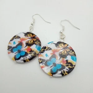 Butterfly Shell Earrings Round Dangles Blue & Orange Butterflies in gift bag UK - Picture 1 of 8