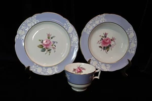 SPODE BONE CHINA MARITIME ROSE BLUE BORDER WHITE FLOWERS ROSE CENTER 3 PIECES - Picture 1 of 14