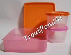 Juego de almuerzo Tupperware Square Away Sandwich Keeper rosa pastel naranja 2 tazas de bocadillos - Imagen 1 de 6