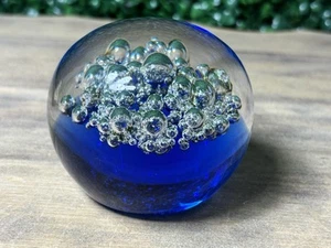 Vintage Bohemian Crystal Czech Cobalt Blue Clear Bubble Paperweight 3” - Picture 1 of 11