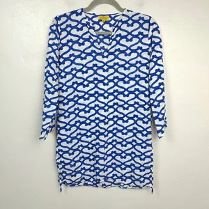 Roberta Roller Rabbit Tunic Top Womens XS White Blue Tile Print Cotton Kurta - Picture 1 of 7