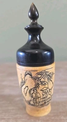 Antique Chinese Bone Scrimshaw Snuff Bottle W/Stopper, 3" Signed, Detailed  - Image 1 of 4