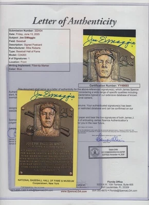 JOE DIMAGGIO HOF Signed Autograph Auto Hall of Fame Plaque Yankees JSA 💎 LOA. - Image 1 of 4