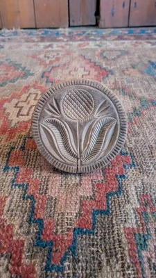 Antique Early Primitive Carved Wood PA Dutch Tulip Floral Butter Mold 3.75" - Image 1 of 4