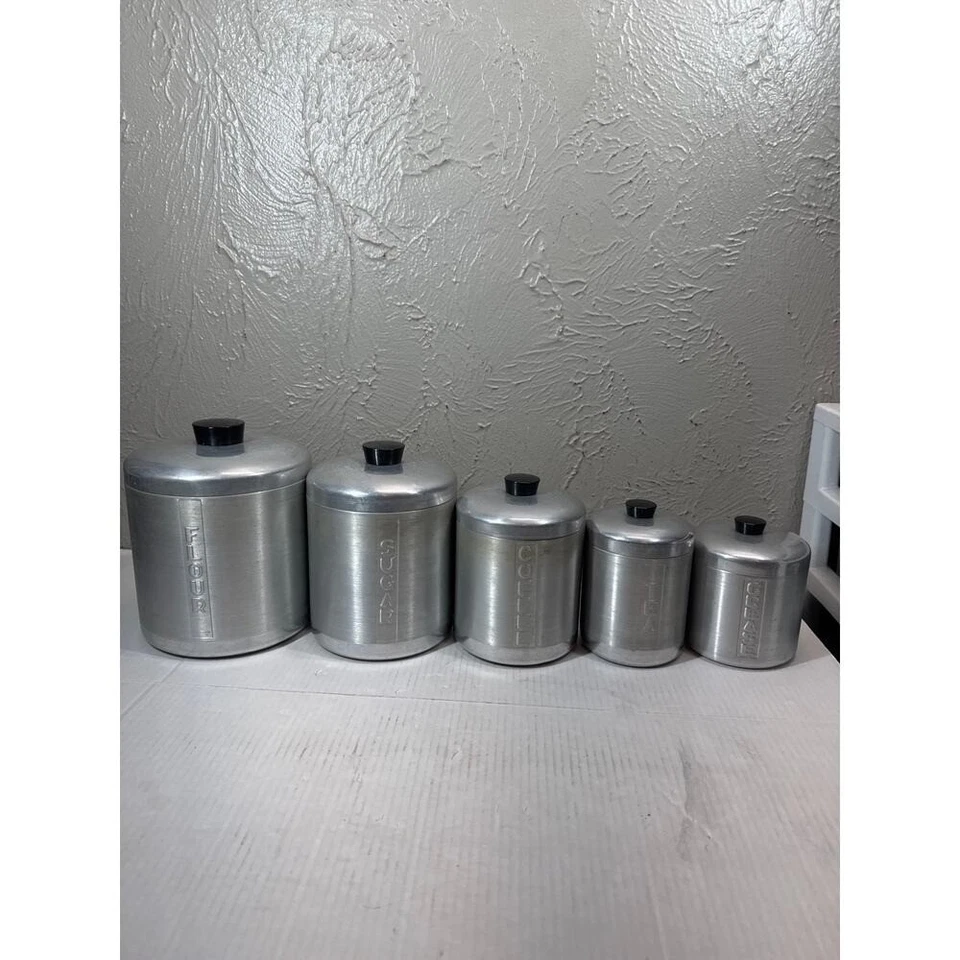 Juego de latas de aluminio hilado MCM de colección harina azúcar café tapas de té grasa negra Foto 1 de 4