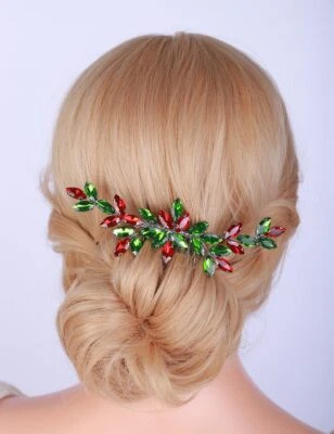 Bride Wedding Hair Comb Red and Green Rhinestone Headpiece for Christmas Part... - Image 1 of 4